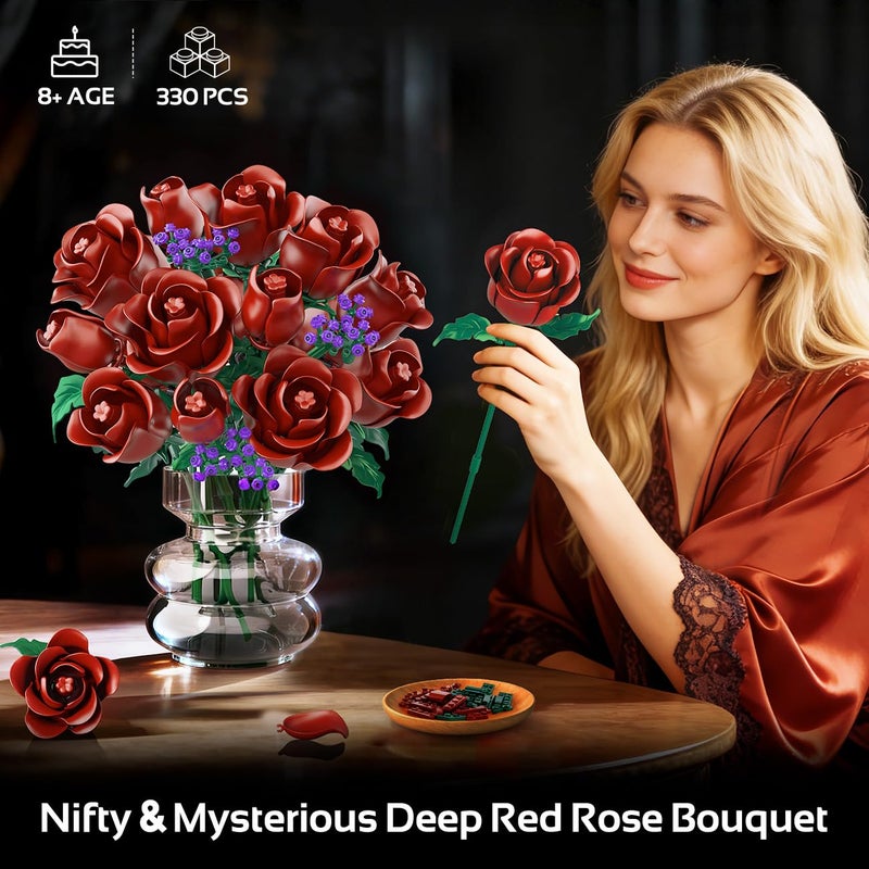 HOGOKIDS Flowers Bouquet Building Set - 15 Burgundy Roses Valentine's Day Gfit for Her, 330PCS Deep Red Rose Botanical Collection Building Blocks Artificial Flower Home Office Decor for Adults Kids 8+ - Image 2