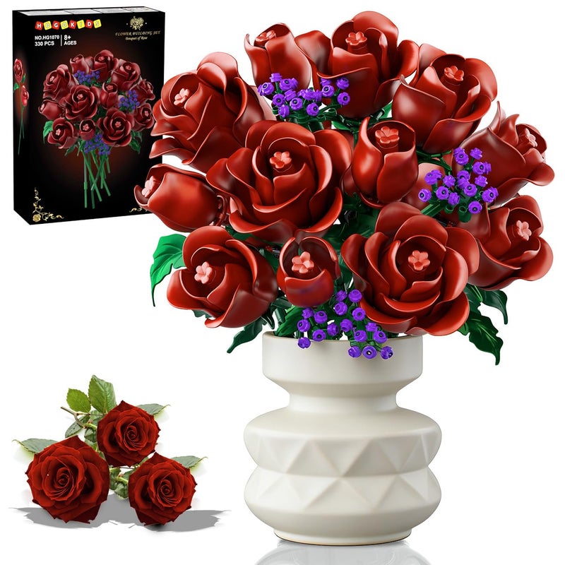 HOGOKIDS Flowers Bouquet Building Set - 15 Burgundy Roses Valentine's Day Gfit for Her, 330PCS Deep Red Rose Botanical Collection Building Blocks Artificial Flower Home Office Decor for Adults Kids 8+ - Image 1