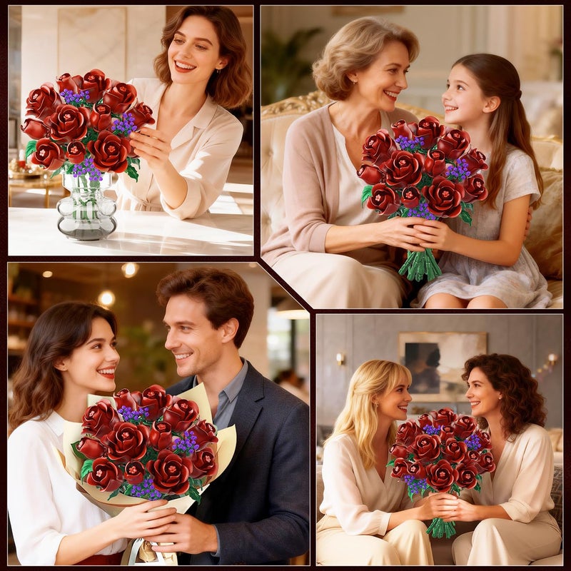 HOGOKIDS Flowers Bouquet Building Set - 15 Burgundy Roses Valentine's Day Gfit for Her, 330PCS Deep Red Rose Botanical Collection Building Blocks Artificial Flower Home Office Decor for Adults Kids 8+ - Image 5