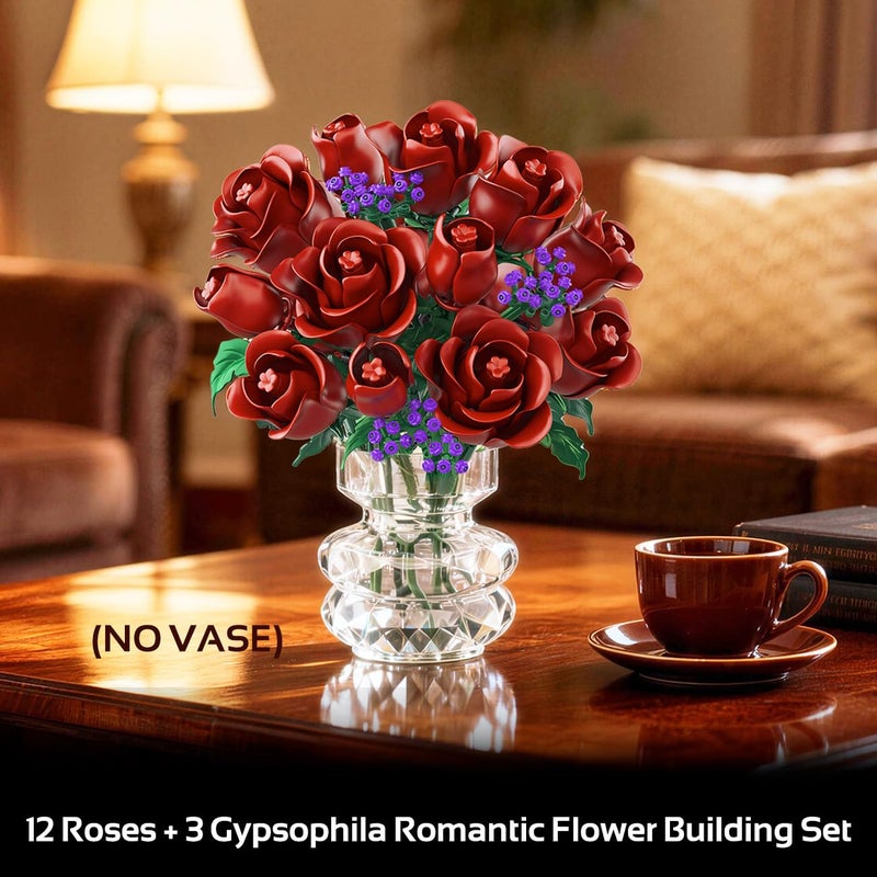 HOGOKIDS Flowers Bouquet Building Set - 15 Burgundy Roses Valentine's Day Gfit for Her, 330PCS Deep Red Rose Botanical Collection Building Blocks Artificial Flower Home Office Decor for Adults Kids 8+ - Image 3
