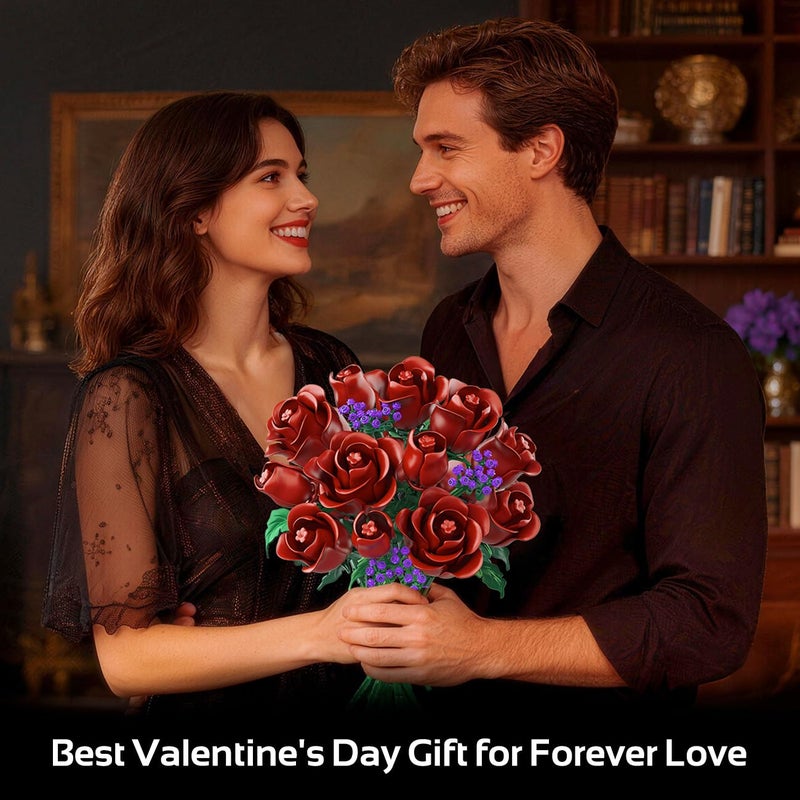 HOGOKIDS Flowers Bouquet Building Set - 15 Burgundy Roses Valentine's Day Gfit for Her, 330PCS Deep Red Rose Botanical Collection Building Blocks Artificial Flower Home Office Decor for Adults Kids 8+ - Image 4