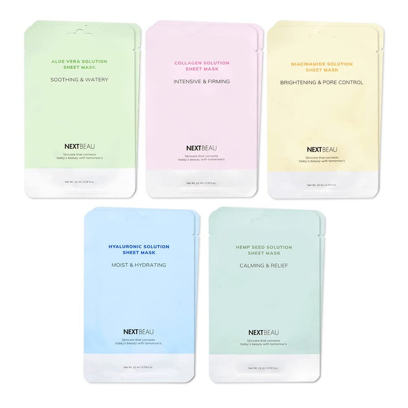 PACK OF 10 Solution Sheet Mask Pack 5types x 2pc Aloe Niacinamide Collagen Hemp seed Hyaluronic Acid