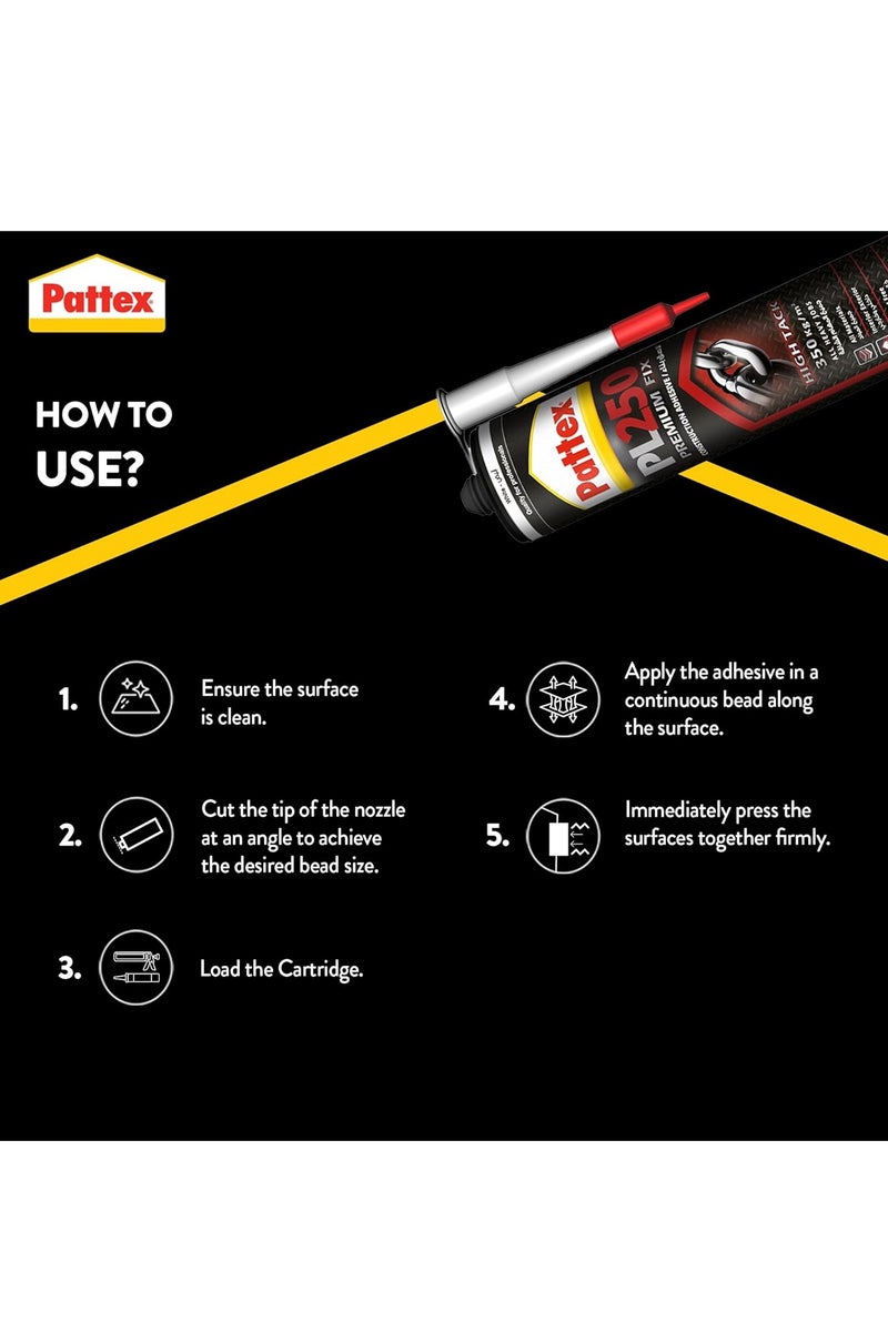 Pattex لاصق بناء فائق الجودة PL250 ولعبة سيليكون، لاصق تركيب احترافي قائم على البوليمر وسليكون متعدد الاستخدامات (أبيض) - Image 4