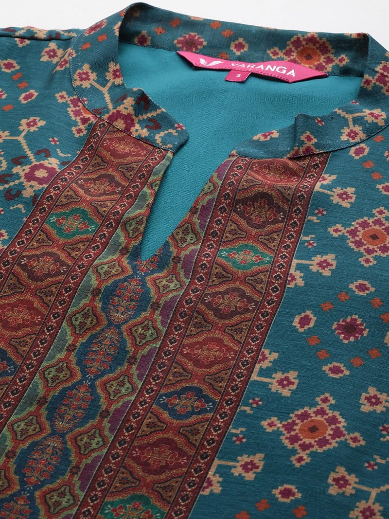 Varanga Floral Printed Mandarin Collar Chanderi Silk Straight Kurta with Trouser & Dupatta - Image 5