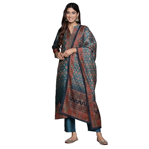 Varanga Floral Printed Mandarin Collar Chanderi Silk Straight Kurta with Trouser & Dupatta - Image 1