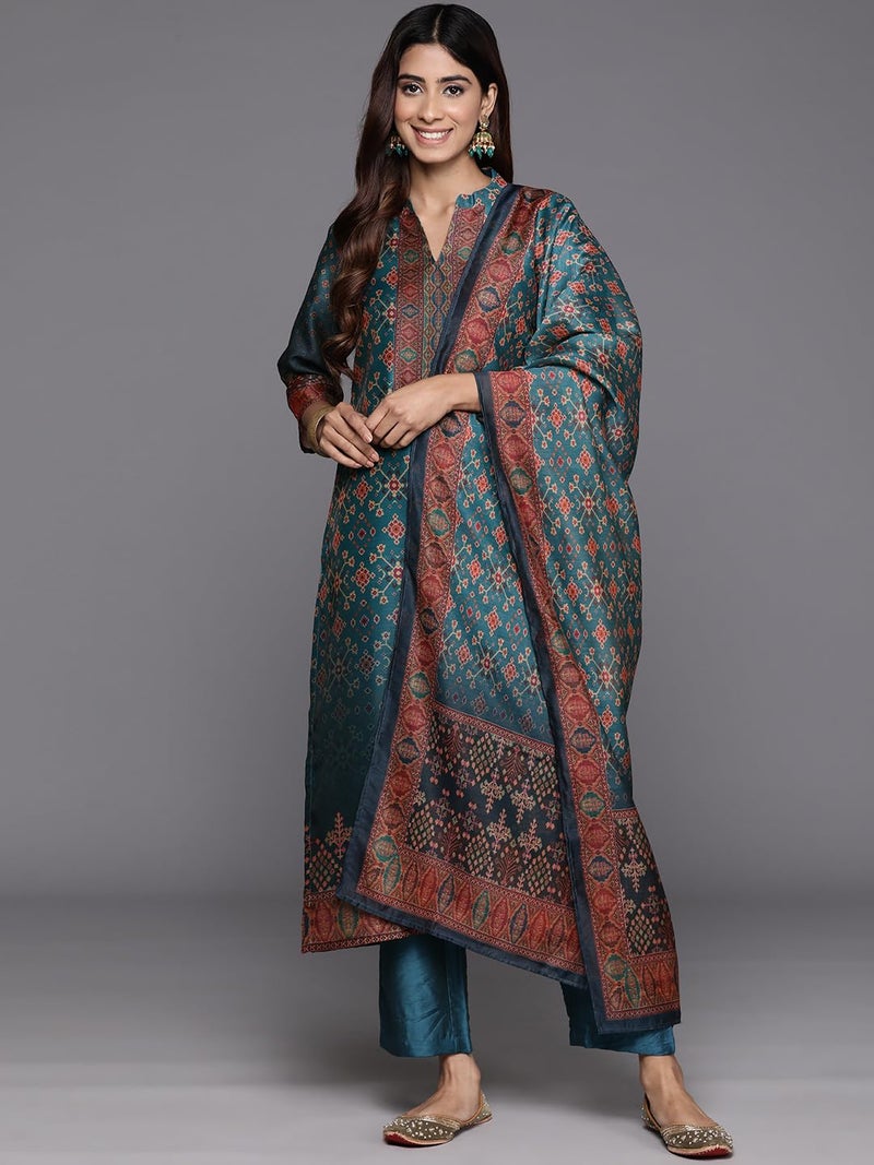 Varanga Floral Printed Mandarin Collar Chanderi Silk Straight Kurta with Trouser & Dupatta - Image 2