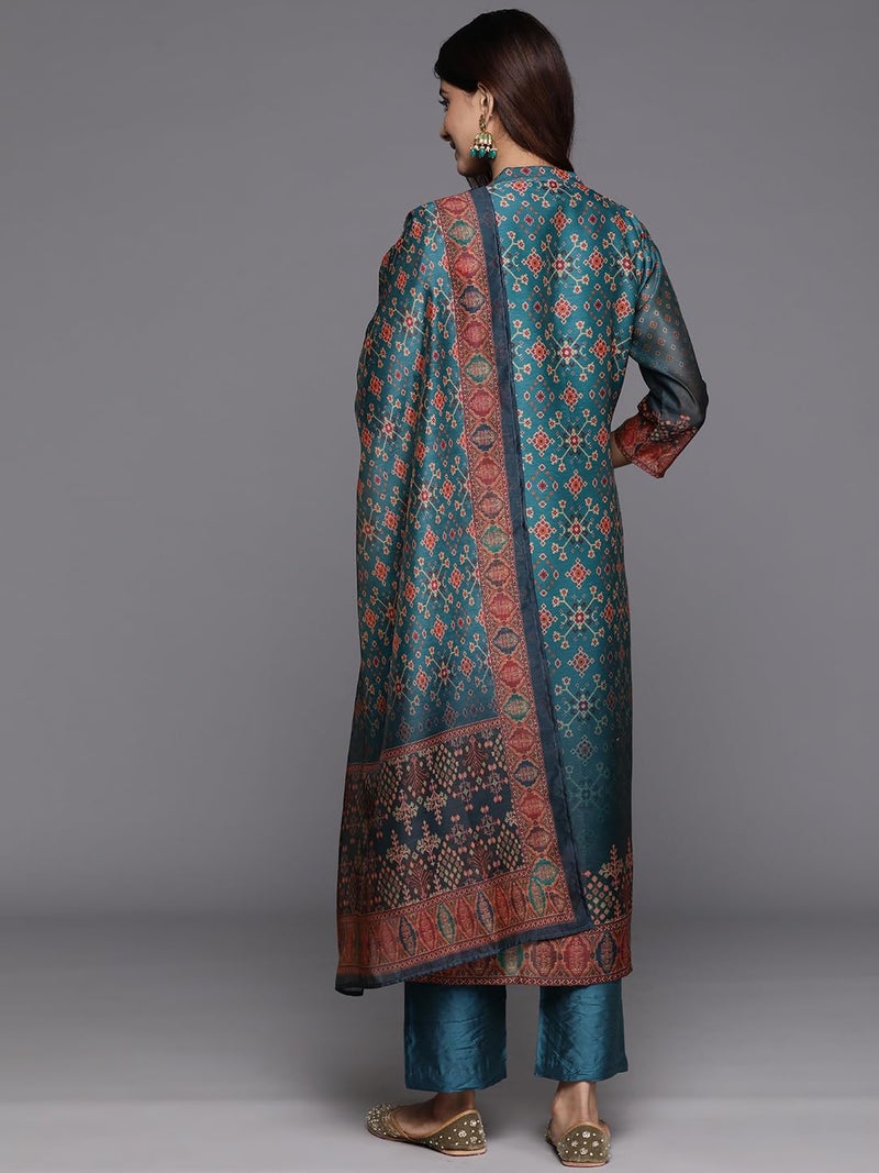 Varanga Floral Printed Mandarin Collar Chanderi Silk Straight Kurta with Trouser & Dupatta - Image 3