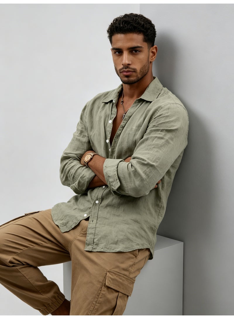زارا ZARA Men’s Sage Green Relaxed Fit Long Sleeve Linen Button Down Shirt - Image 5
