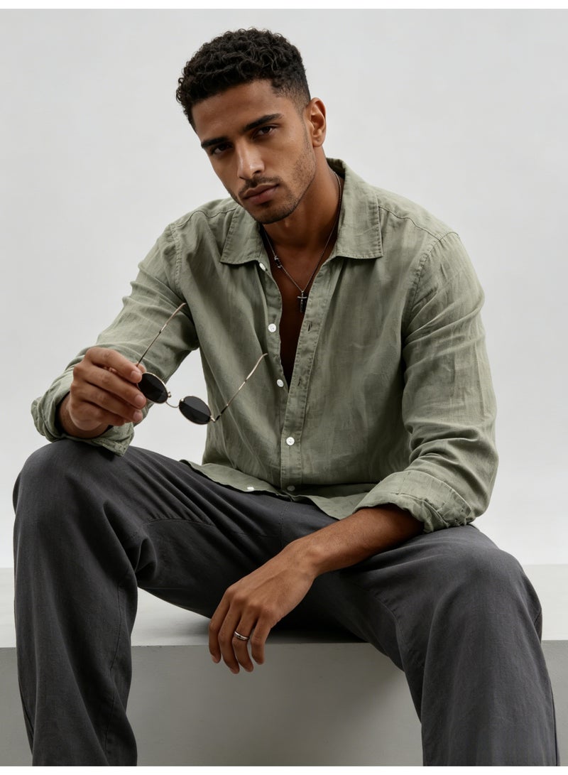 زارا ZARA Men’s Sage Green Relaxed Fit Long Sleeve Linen Button Down Shirt - Image 3