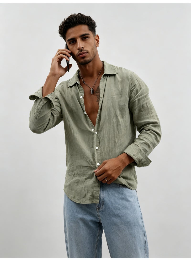 زارا ZARA Men’s Sage Green Relaxed Fit Long Sleeve Linen Button Down Shirt - Image 1