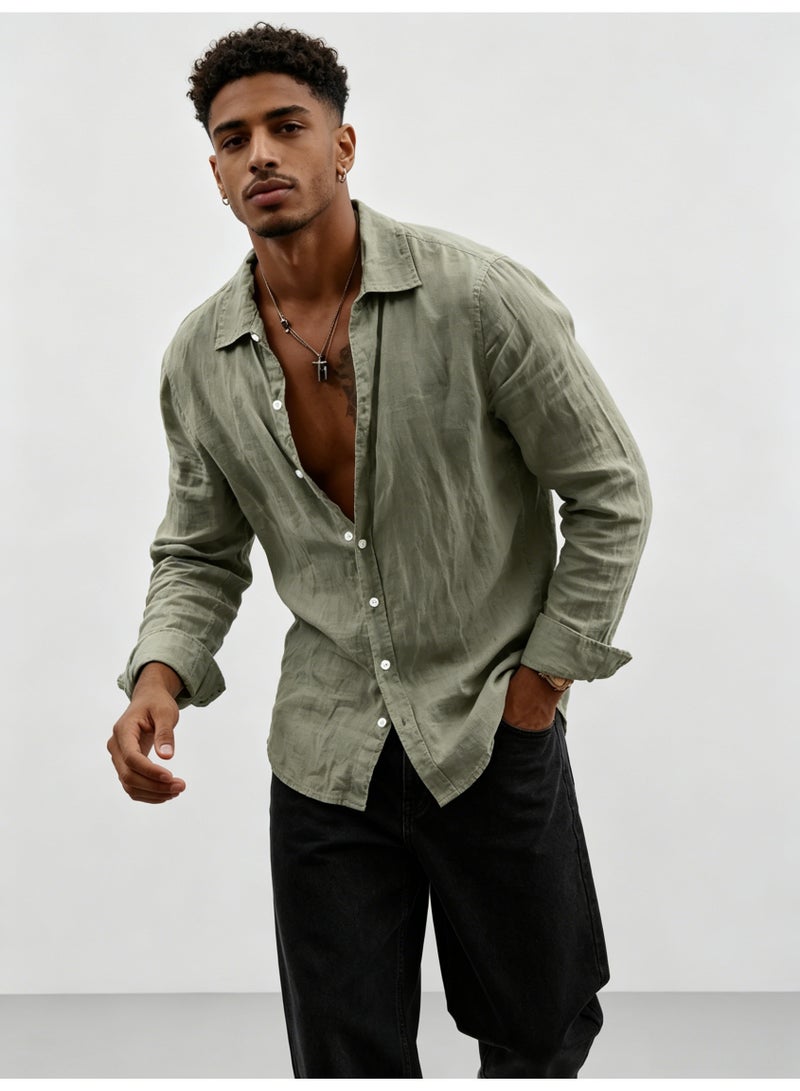 زارا ZARA Men’s Sage Green Relaxed Fit Long Sleeve Linen Button Down Shirt - Image 4