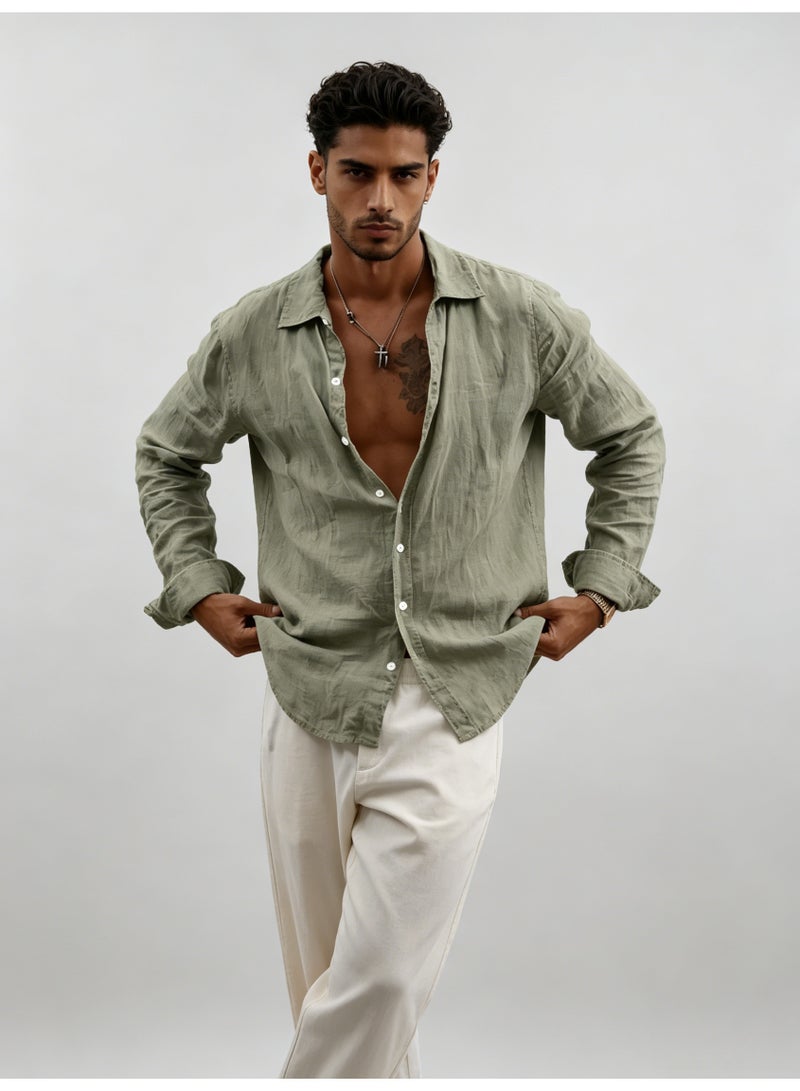 زارا ZARA Men’s Sage Green Relaxed Fit Long Sleeve Linen Button Down Shirt - Image 2