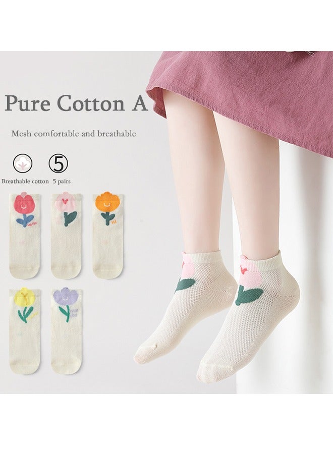 Socks 5 pairs Of Girls Socks, Cotton Children's Princess Mesh Socks, Breathable Little Girl Thin Short Socks, Suitable For 3-5 Years Old  - Image 1
