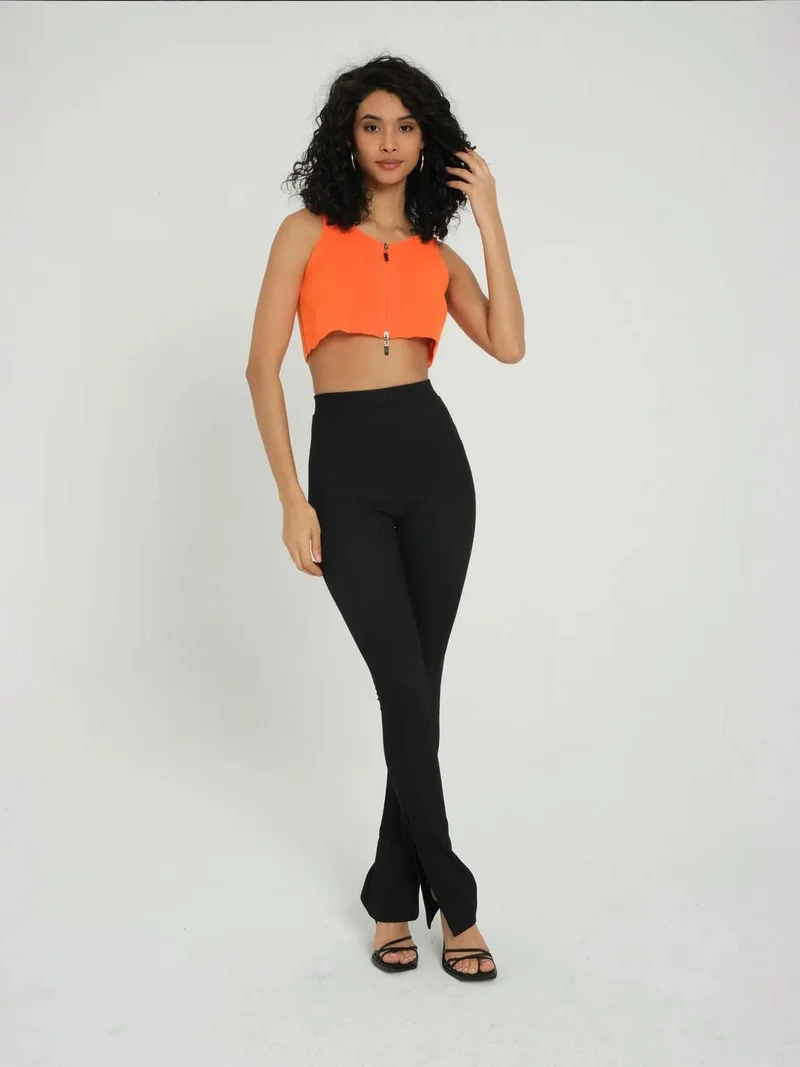 HICCUP V Neck Knitted Ribbed Zippered Crop Top