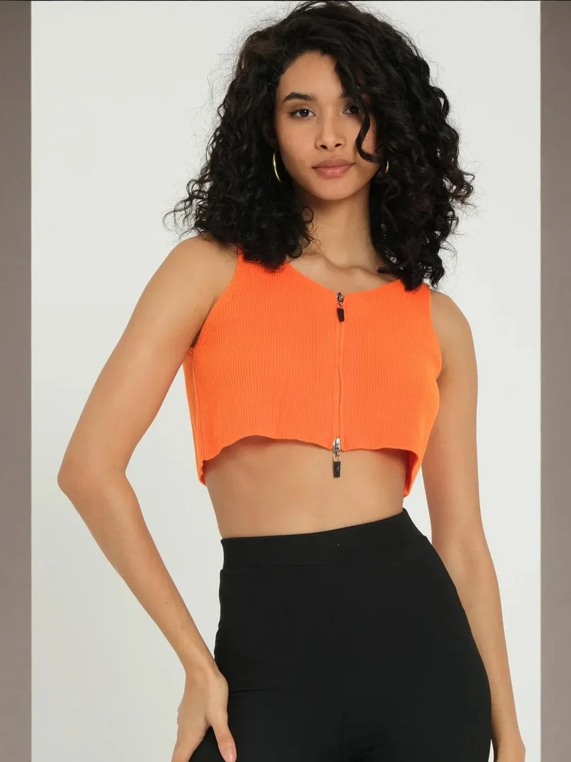 HICCUP V Neck Knitted Ribbed Zippered Crop Top