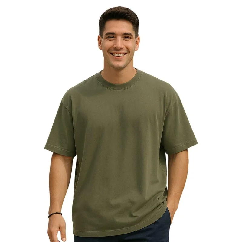 نوبيرو Men's Olive Green Oversized Cotton T-Shirt