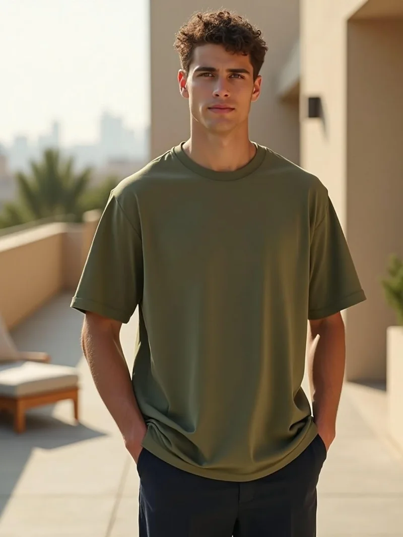 NOBERO  Men's Olive Green Oversized Cotton T-Shirt for Men | Best Price UAE