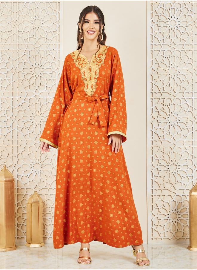 Styli - Embroidered Neck Foil Print Jalabiya with Self Tie Up - Image 1