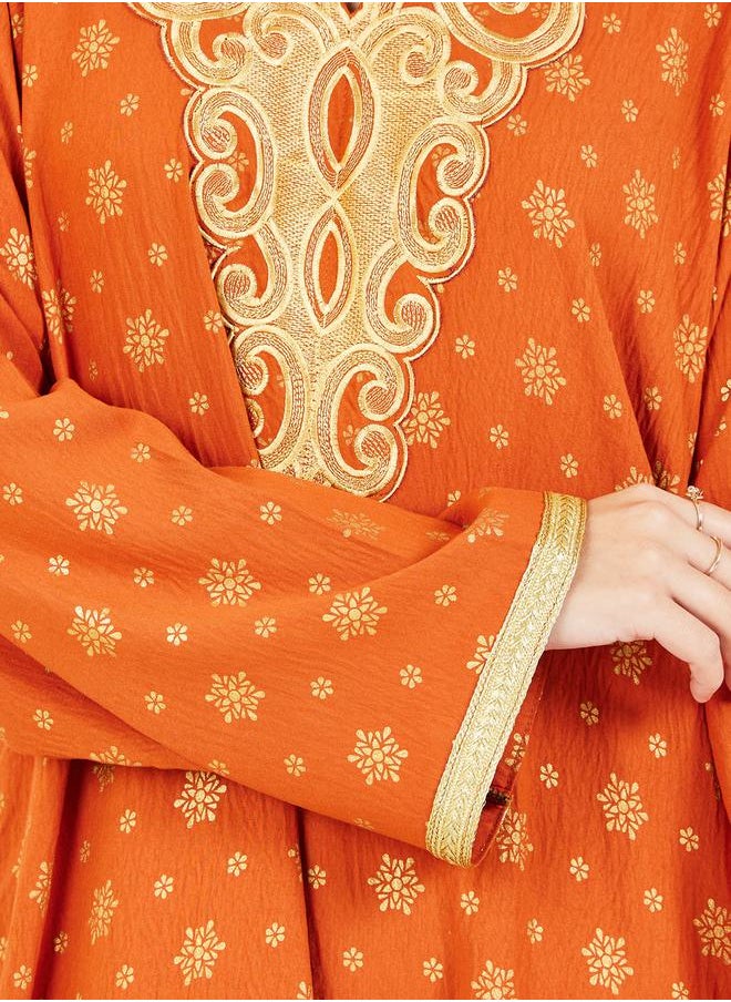 Styli - Embroidered Neck Foil Print Jalabiya with Self Tie Up - Image 1