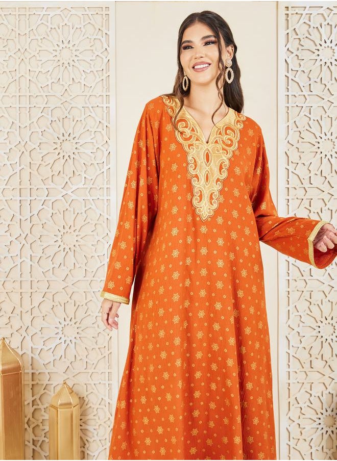 Styli - Embroidered Neck Foil Print Jalabiya with Self Tie Up - Image 1