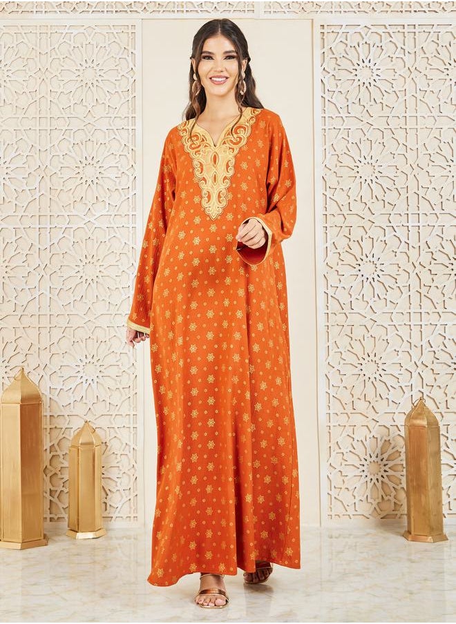 Styli - Embroidered Neck Foil Print Jalabiya with Self Tie Up - Image 1