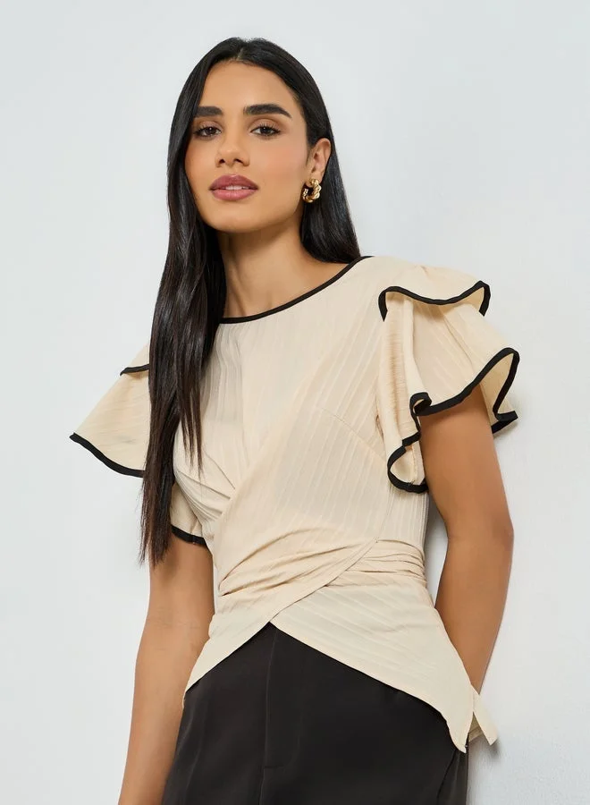 Take Two Beige Wrap Top with Ruffle Sleeves