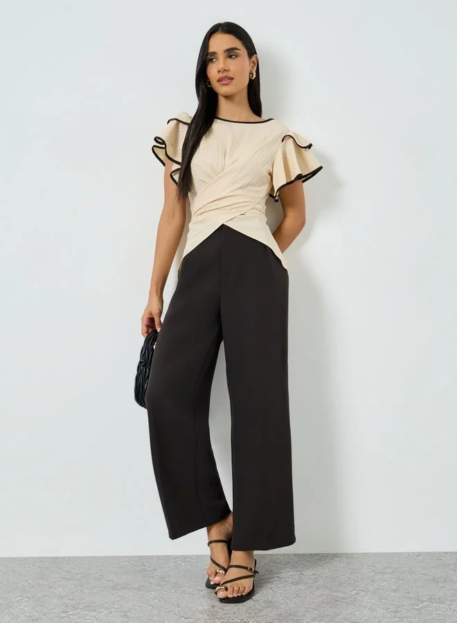 Take Two Beige Wrap Top with Ruffle Sleeves