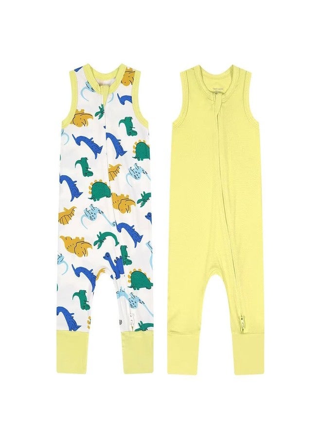 Teach Leanbh Baby Boys Girls 2 Pack Bamboo Viscose Pajamas 2 Way Zipper Sleeveless Footless Romper Jumpsuit Sleep and Play (Yellow Dinosaur, 12-18 Months) - Image 1