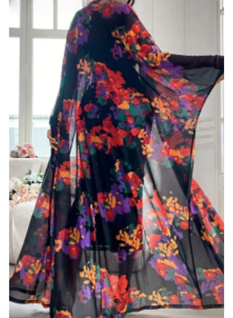 MANIKAN Floral Print Long Dress with Sheer Cape Overlay, Black Multi-Colour Pattern - Image 2