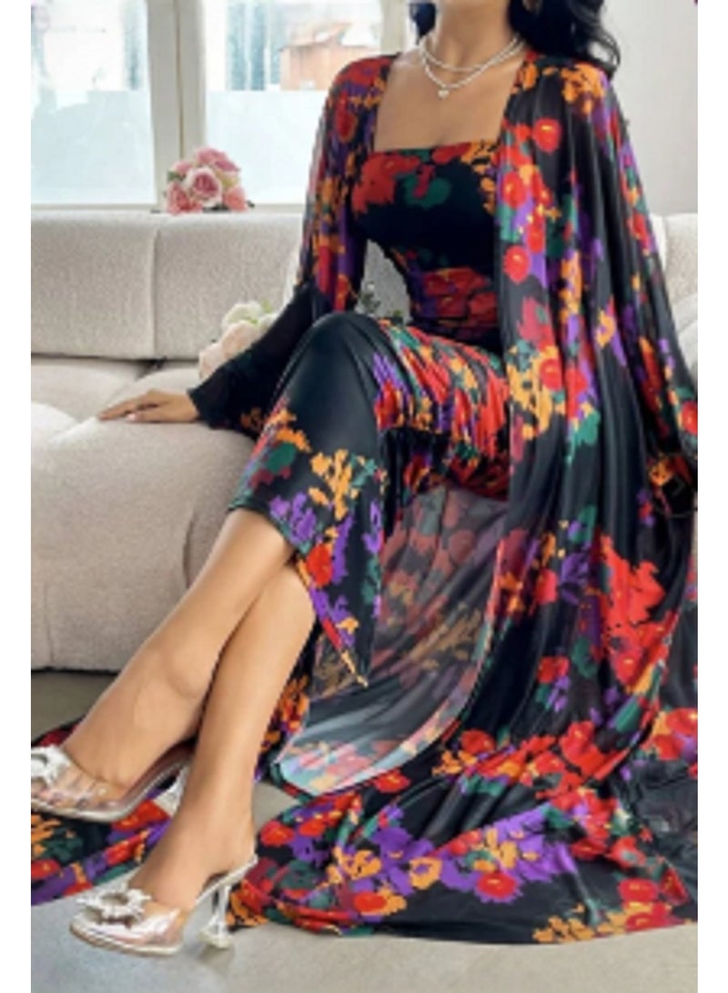 MANIKAN Floral Print Long Dress with Sheer Cape Overlay, Black Multi-Colour Pattern - Image 3