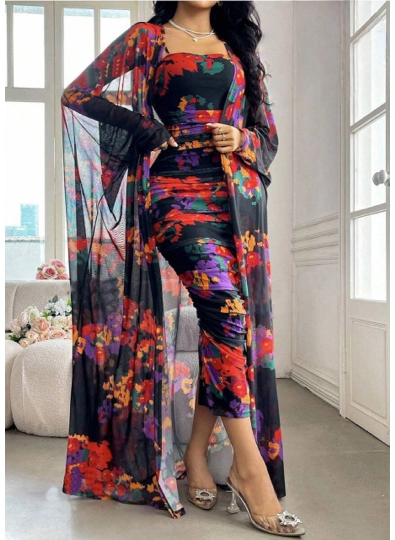 MANIKAN Floral Print Long Dress with Sheer Cape Overlay, Black Multi-Colour Pattern - Image 4