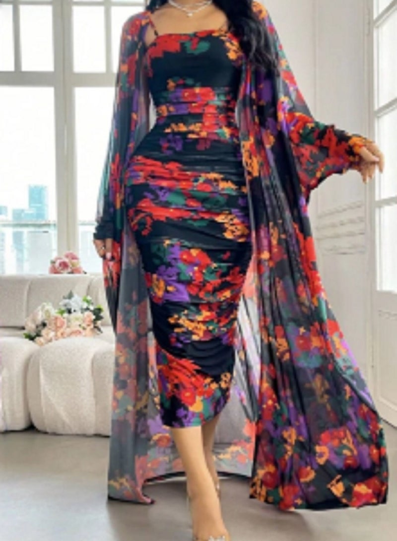 MANIKAN Floral Print Long Dress with Sheer Cape Overlay, Black Multi-Colour Pattern - Image 1