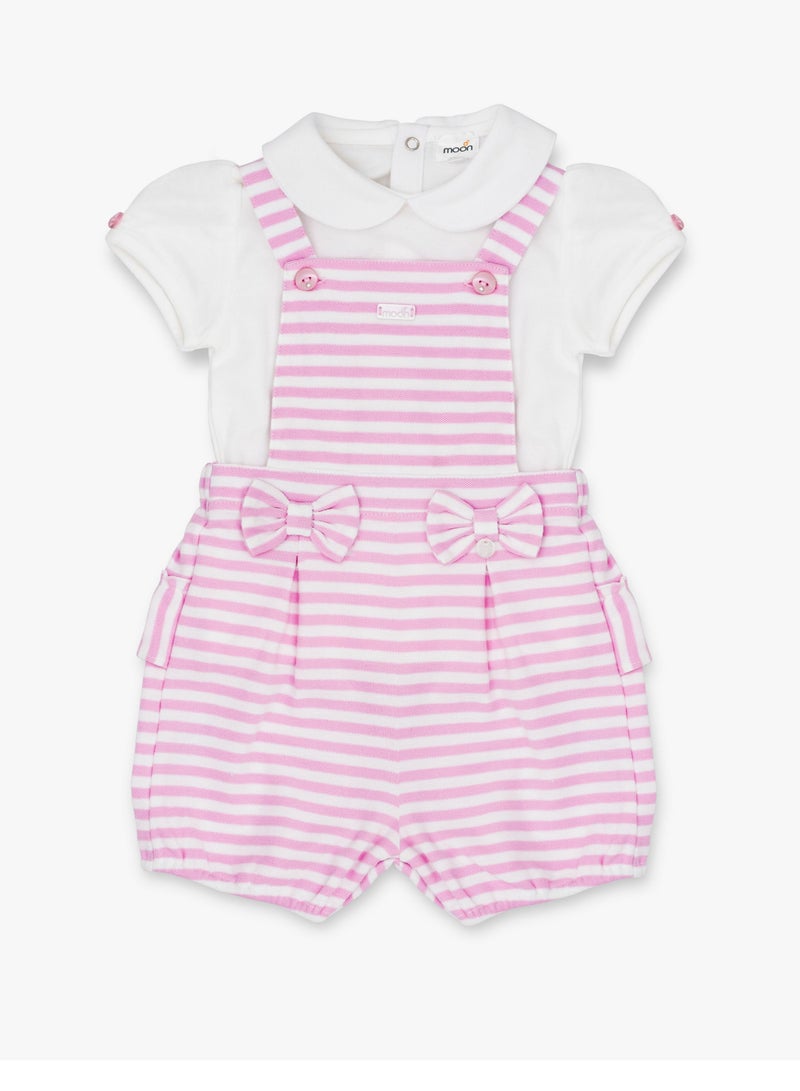 Moon قميص ياقة قطن 100% مع دنجاري 12-18 شهر باللون الوردي - خطوط وردية - Image 1