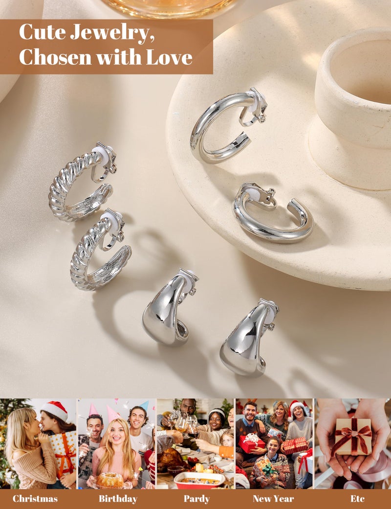 BESTEEL 3Pairs Clip on Earrings for Women Trendy Hypoallergenic 14K Gold Plated Chunky Tube Croissant Waterdrop Clip-on Hoop Earrings Set Fake Jewelry Non Pierced Ears - Image 5
