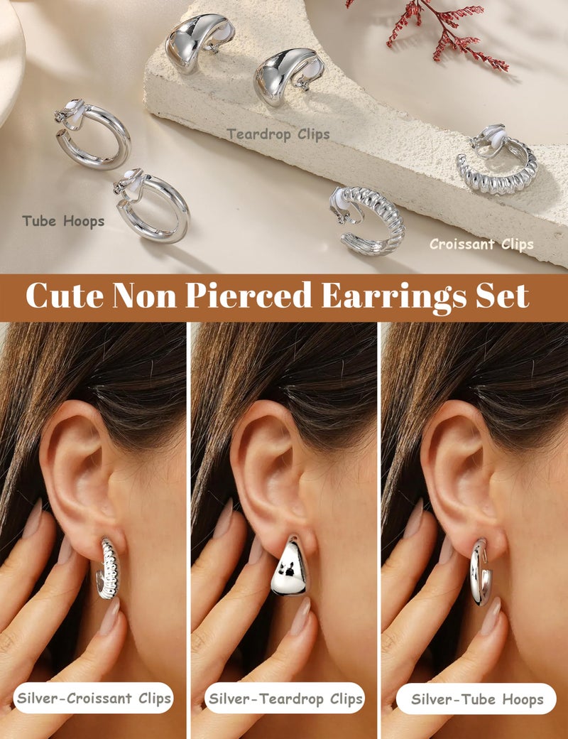 BESTEEL 3Pairs Clip on Earrings for Women Trendy Hypoallergenic 14K Gold Plated Chunky Tube Croissant Waterdrop Clip-on Hoop Earrings Set Fake Jewelry Non Pierced Ears - Image 4