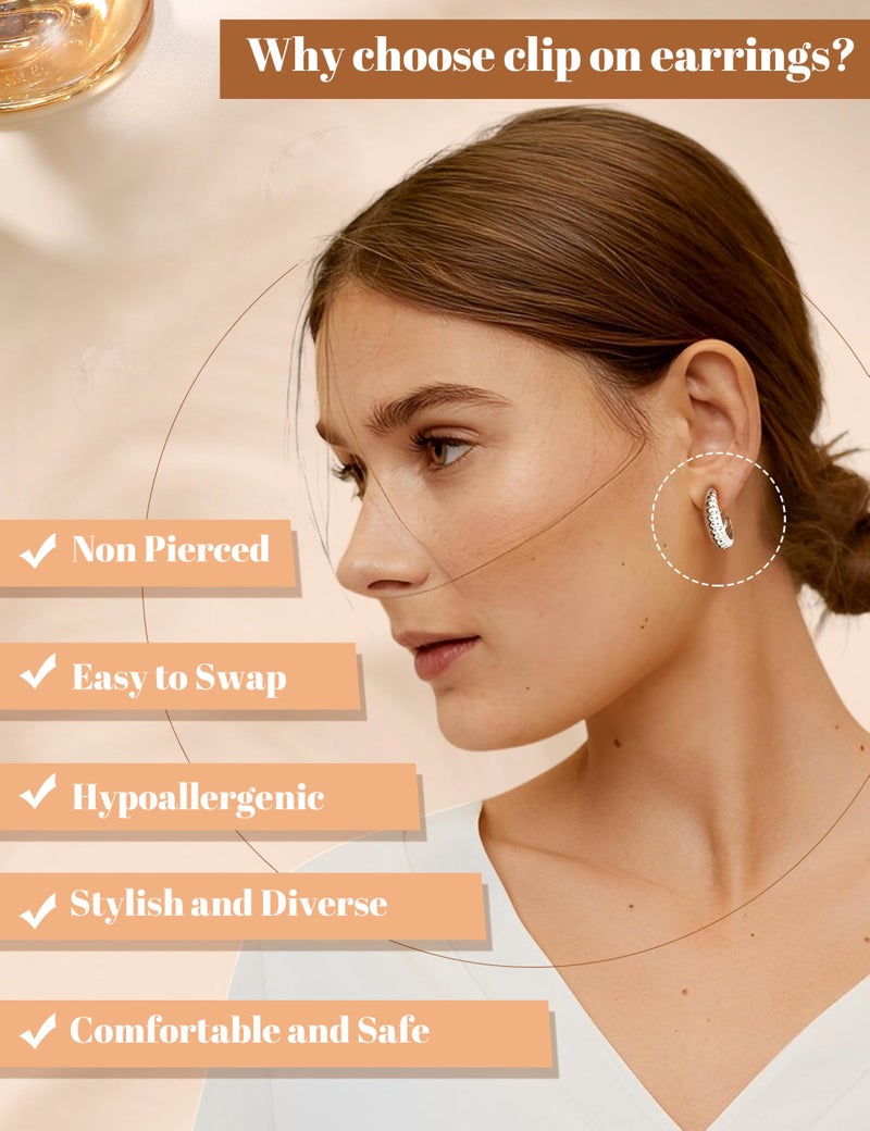 BESTEEL 3Pairs Clip on Earrings for Women Trendy Hypoallergenic 14K Gold Plated Chunky Tube Croissant Waterdrop Clip-on Hoop Earrings Set Fake Jewelry Non Pierced Ears - Image 2