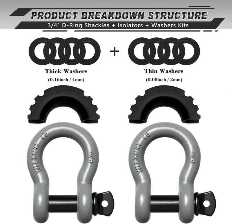 AUTMATCH D Ring Shackle 3/4" Shackles (2 Pack) 41,887Ibs Break Strength, Clevis Shackle with 7/8" Screw Pin and Shackle Isolator Washers Kit for Tow Strap Winch Off Road Vehicle Recovery, Gray - Image 2