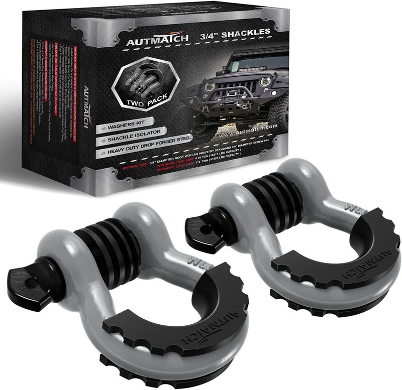 AUTMATCH D Ring Shackle 3/4" Shackles (2 Pack) 41,887Ibs Break Strength, Clevis Shackle with 7/8" Screw Pin and Shackle Isolator Washers Kit for Tow Strap Winch Off Road Vehicle Recovery, Gray - Image 1