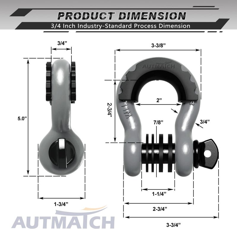 AUTMATCH D Ring Shackle 3/4" Shackles (2 Pack) 41,887Ibs Break Strength, Clevis Shackle with 7/8" Screw Pin and Shackle Isolator Washers Kit for Tow Strap Winch Off Road Vehicle Recovery, Gray - Image 3