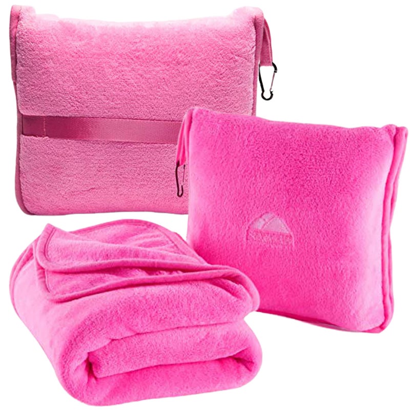 BlueHills BlueHills Premium Soft Travel Blanket Pillow Airplane Blanket Packed in Soft Bag Pillowcase with Hand Luggage Belt and Backpack Clip Compact Pack Large 2 in 1 Combo for Any Travel Pink T004 