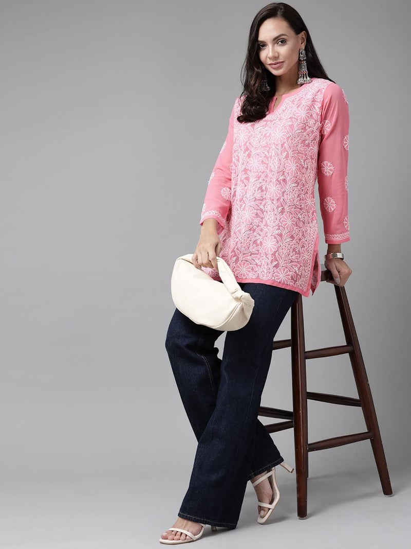 Ada Women Georgette Regular Fit Hand Embroidered Lucknow Chikankari Short Kurti Top A911225 (4XL,Dark Pink) - Image 5
