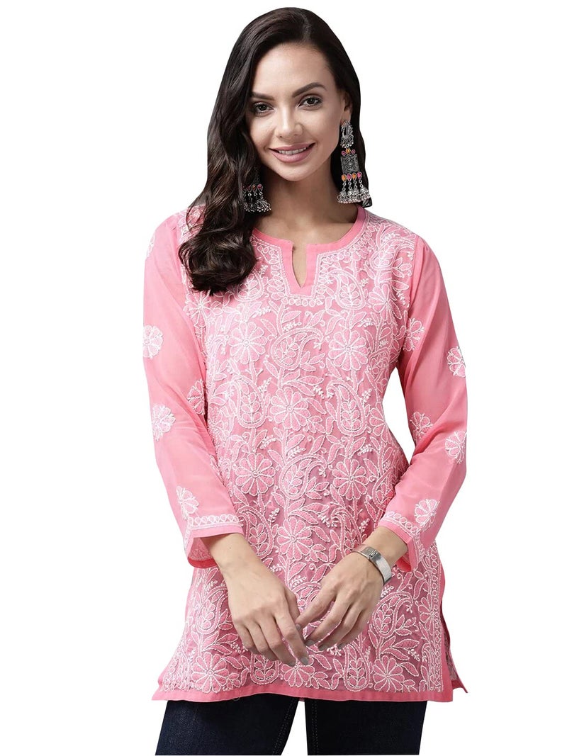 Ada Women Georgette Regular Fit Hand Embroidered Lucknow Chikankari Short Kurti Top A911225 (4XL,Dark Pink) - Image 1