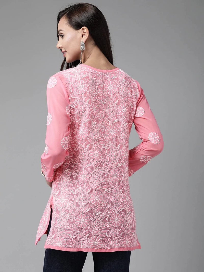 Ada Women Georgette Regular Fit Hand Embroidered Lucknow Chikankari Short Kurti Top A911225 (4XL,Dark Pink) - Image 2
