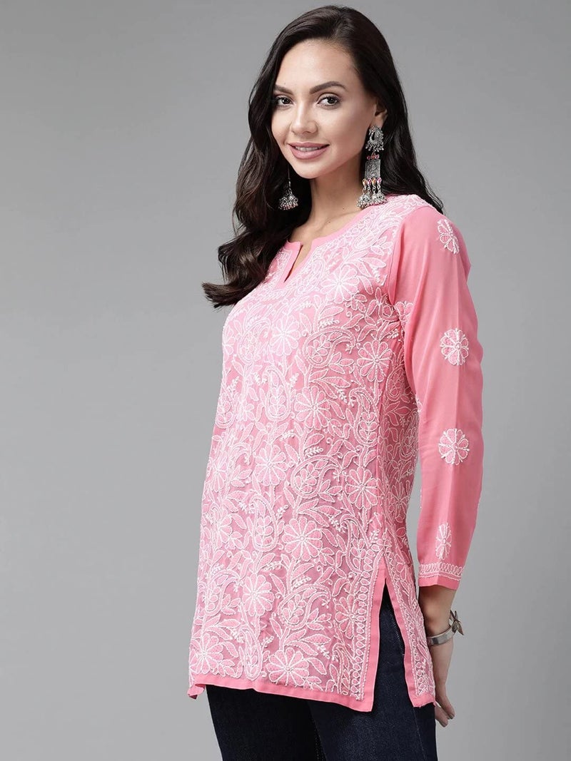 Ada Women Georgette Regular Fit Hand Embroidered Lucknow Chikankari Short Kurti Top A911225 (4XL,Dark Pink) - Image 4