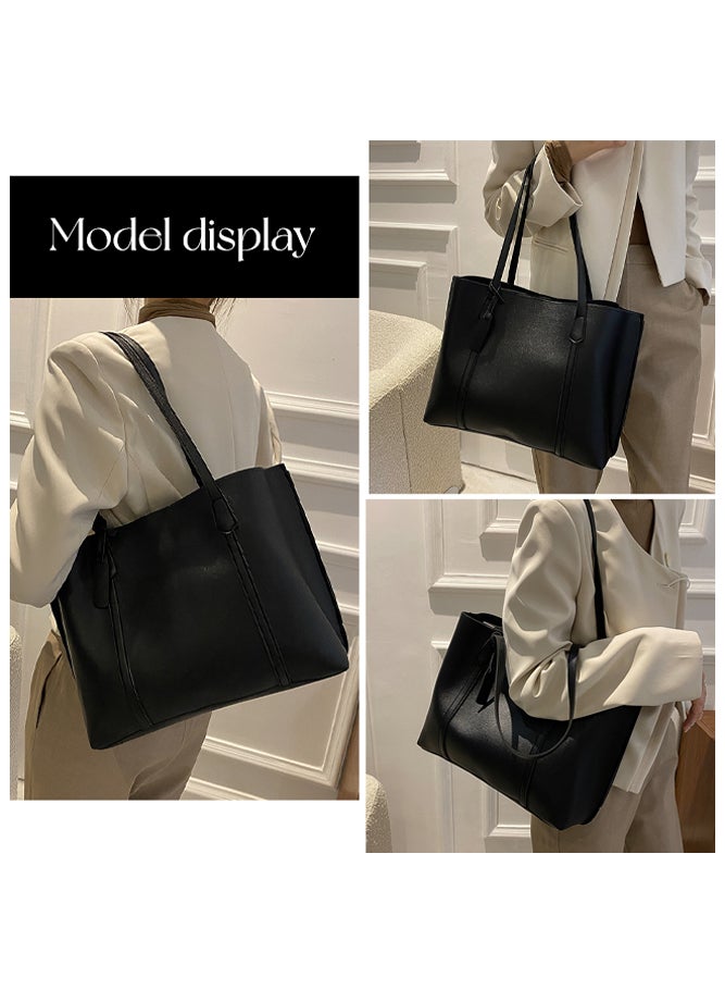SHABILI Women's PU Tote Bags, Ladies Shoulder Bag Satchel Bag Handbag, Large Capacity Design for Office, Shopping and Travel, with Zipper Closure and Inner Pocket, Fashion Daily Commuting Work Use (Black) - Image 2