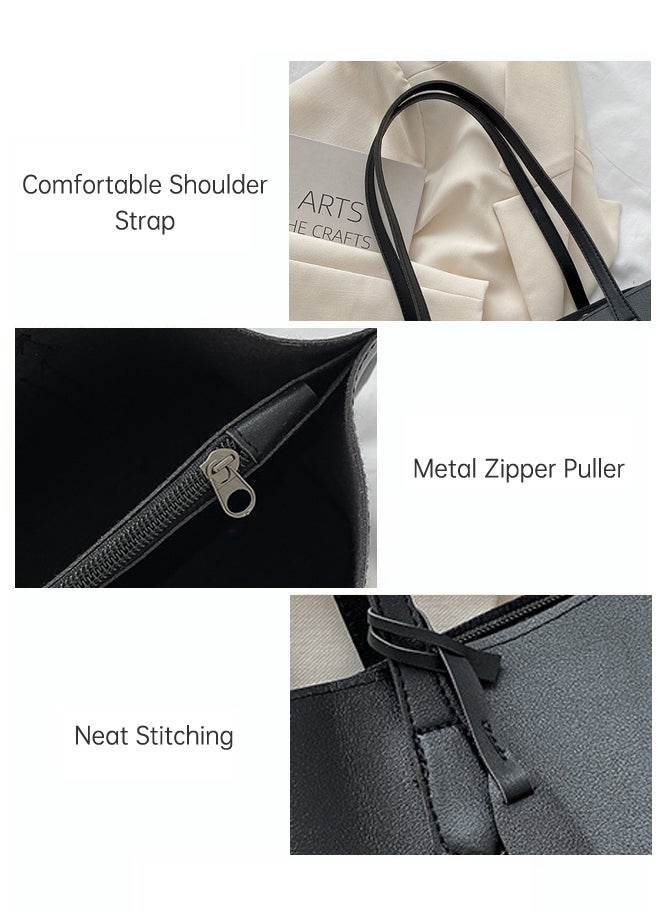 SHABILI Women's PU Tote Bags, Ladies Shoulder Bag Satchel Bag Handbag, Large Capacity Design for Office, Shopping and Travel, with Zipper Closure and Inner Pocket, Fashion Daily Commuting Work Use (Black) - Image 3