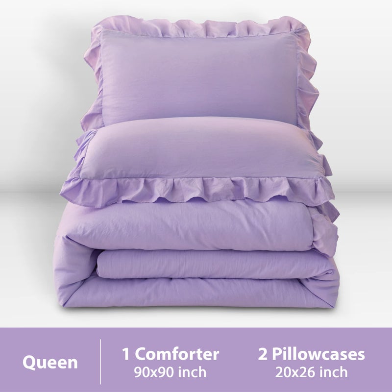 Andency Lavender Ruffle Comforter Queen(90x90Inch) - 3 Pieces Farmhouse Shabby Chic Vintage Rustic Soft Microfiber Bedding Set (1 Ruffled Comforter and 2 Pillowcases) - Image 2