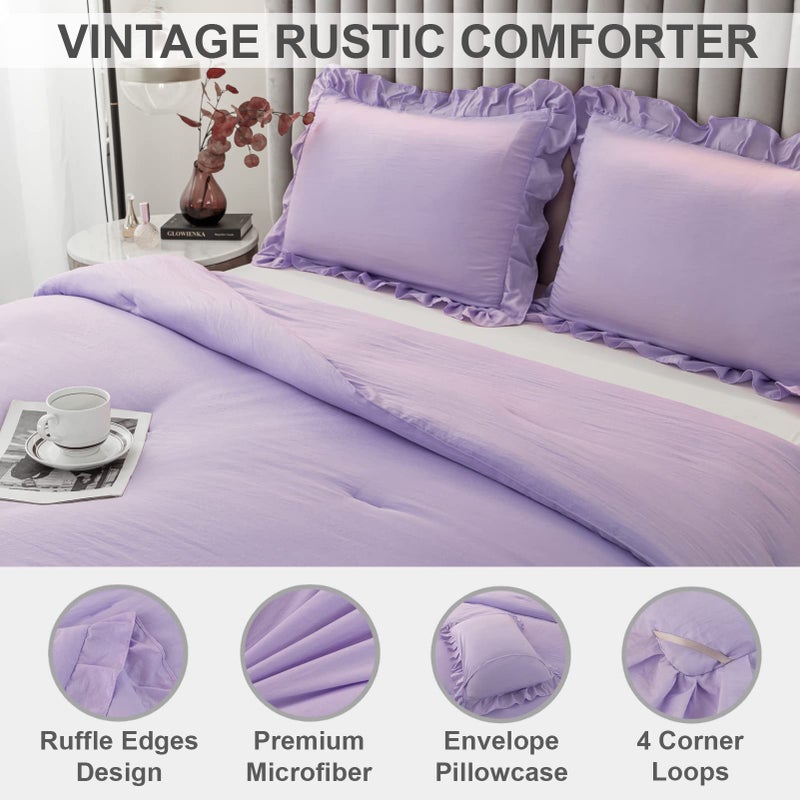Andency Lavender Ruffle Comforter Queen(90x90Inch) - 3 Pieces Farmhouse Shabby Chic Vintage Rustic Soft Microfiber Bedding Set (1 Ruffled Comforter and 2 Pillowcases) - Image 3
