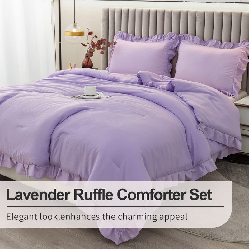 Andency Lavender Ruffle Comforter Queen(90x90Inch) - 3 Pieces Farmhouse Shabby Chic Vintage Rustic Soft Microfiber Bedding Set (1 Ruffled Comforter and 2 Pillowcases) - Image 4