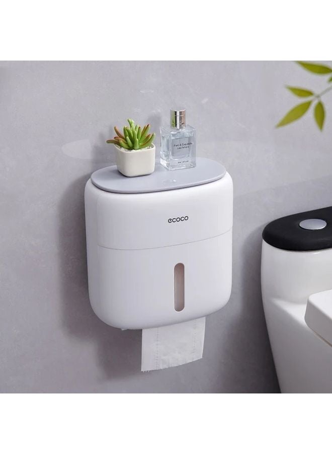 Double Layer Gray Wall Mounted Toilet Paper Holder With Shelf No Drill Adhesive - Image 1
